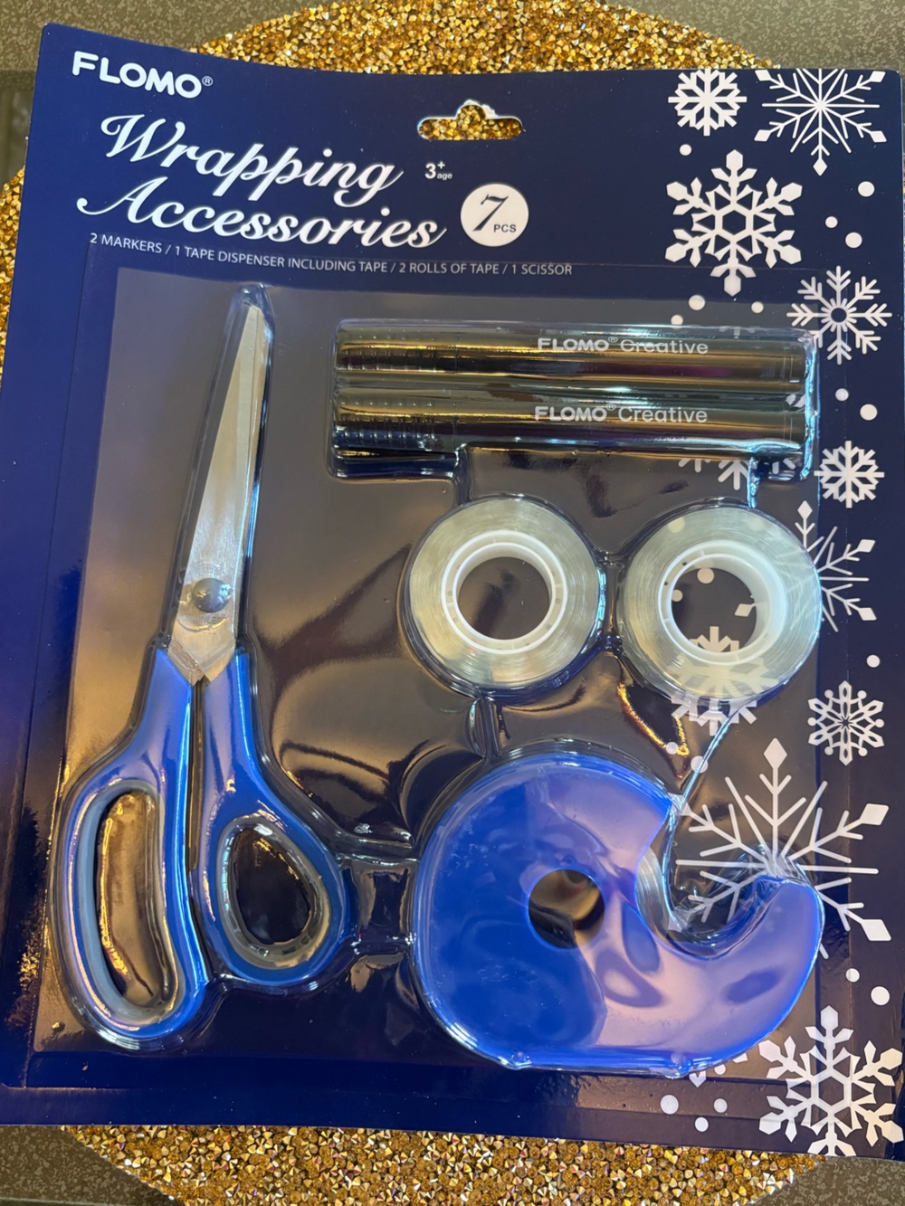 Flomo NWT Wrapping Accessories Set 7 pieces, 2 markers, scissor, tape dispenser
